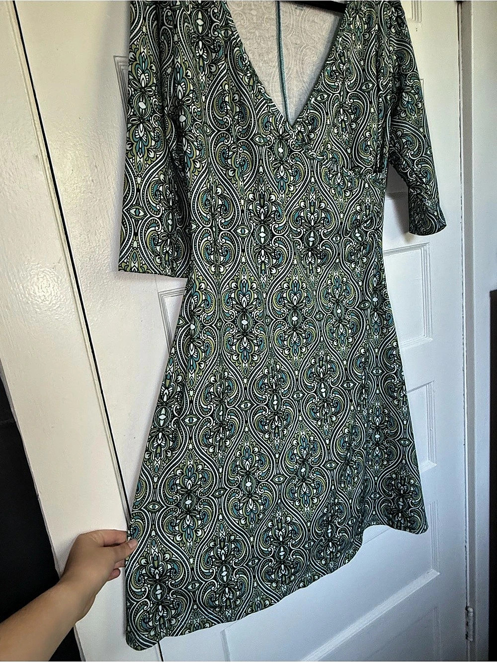 prAna Nadia Veeda V-Neck Faux Wrap 3/4 Sleeve Paisley Midi Dress Green & Blue XL - Picture 3 of 13